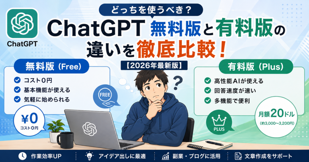 ChatGPT無料版と有料版の違いを徹底比較！どっちを使うべき？【2026年最新版】