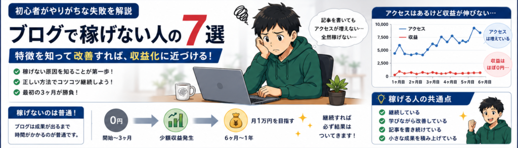 ブログで稼げない人の特徴7選【初心者がやりがちな失敗を解説】