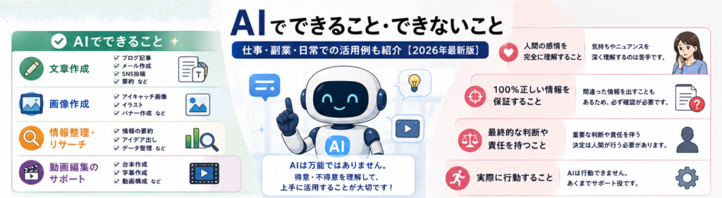 AIでできること・できないこと【2026年最新版】仕事・副業・日常での活用例も紹介